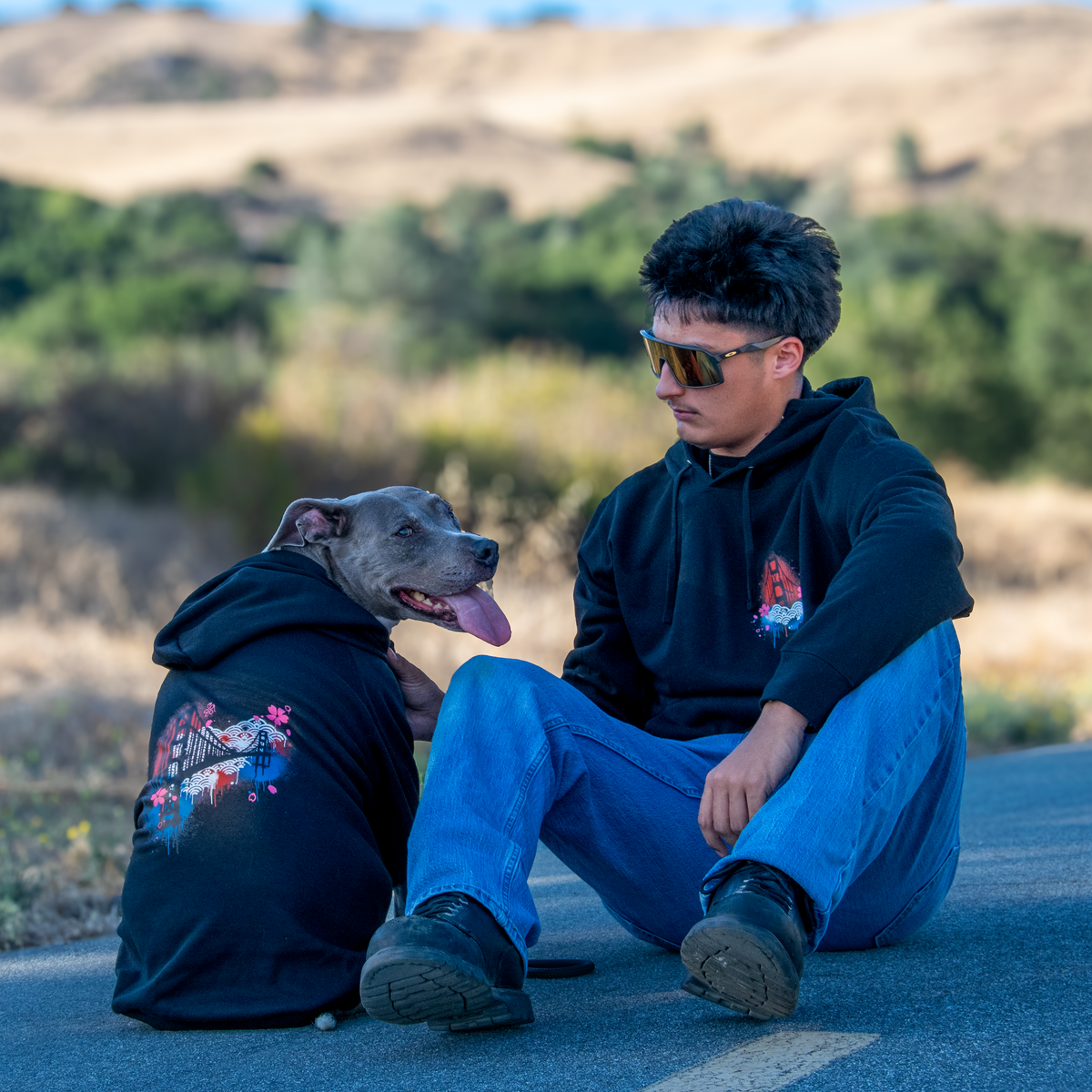 A man and a gray pitbull-type dog sit together on a paved road in a dry, hilly outdoor setting. Both are wearing matching black hoodies with a colorful graphic print on the back.