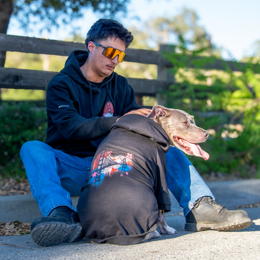 A man wearing a black hoodie and blue jeans sits on a sidewalk outdoors, petting a gray dog wearing a black hoodie with a colorful graphic on the back. A wooden fence and greenery are in the background.