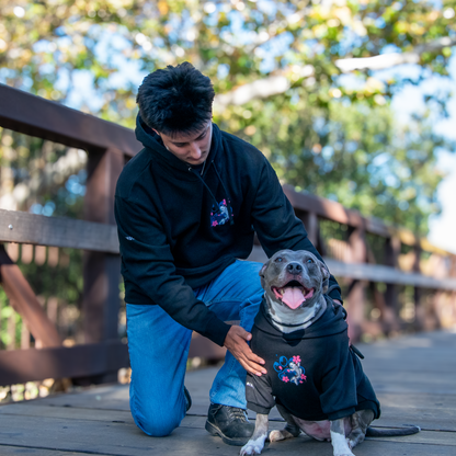 A man kneels on a wooden boardwalk next to a pitbull-type dog wearing a black hoodie with a colorful graphic print. The man is also wearing a black hoodie and blue jeans.